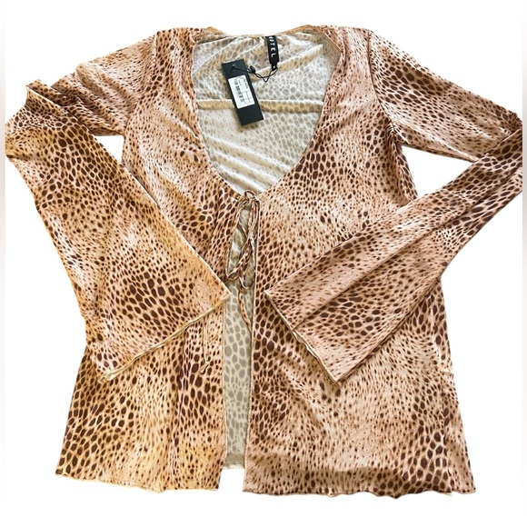 Motel Leony Cardi Sand Leopard Mesh Tie in Front Top Size Medium - Picture 5 of 5